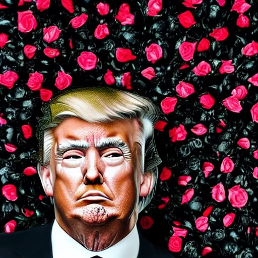 Image similar to amazingly complex portrait of Donald trump laying in a bed of black roses as a goddess staring curiously at you. soft detailed painting at 16K resolution and amazingly epic visuals. epically beautiful image. amazing effect, image looks gorgeously crisp as far as it's visual fidelity goes, absolutely outstanding. vivid clarity. ultra detail. iridescent. mind-breaking. mega-beautiful pencil shadowing. beautiful face. Ultra High Definition. soft shading. soft texture. intensely beautiful.