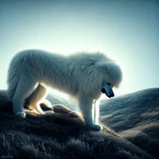 Image similar to giant sleeping ( ( samoyed ) ) creature creature in a tundra landscape, dramatic lighting, moody : : by michal karcz, daniel merriam, victo ngai and guillermo del toro : : ornate, dynamic, particulate, intricate, elegant, highly detailed, centered, artstation, smooth, sharp focus, octane render, 3 d