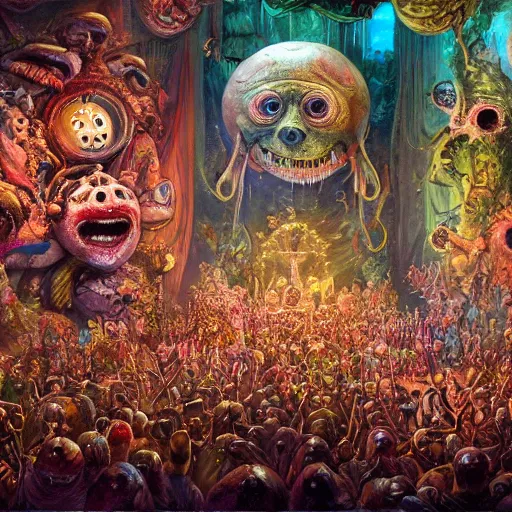 Prompt: assembled crowds worship their terrifying new god covered with pustules and eyeballs, on ancient post - apocalyptic planet, jim henson creature shop, vivid and colorful, thomas kincaid, cinematic, oil painting, highly detailed, illustration