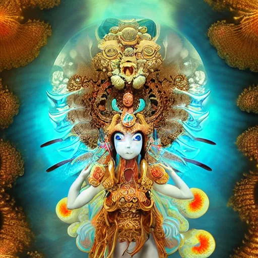 Image similar to 3 d goddess frontal view full body, astral projection, with ram golden skull. beautiful intricately detailed japanese fractal kitsune mask and clasical japanese kimono. betta fish, jellyfish fractal, bio luminescent, plasma, ice, water, wind, creature, indian temple, mandelbulb, fractal, artwork by tooth wu and wlop and beeple and greg rutkowski