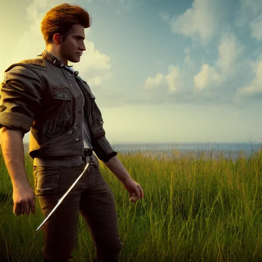 Prompt: handsome cullen overlooking the horizon, ultra detailed, cinematic shot, photorealistic, octane render, high definition, fine details, lush grass scenary