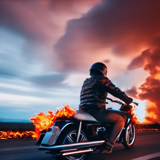 Image similar to Photo of someone driving along the rhine on a motorcycle, everything is in flames, Dramatic lighting