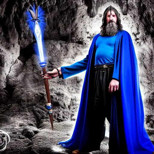 Image similar to a wizard, with a magic staff in his hands and a blue cape around him, inside a cave, he tries to cast a magic spell, but he failed and he frustrated. the background is inside the cave, black and white, mystic, fantasy, magic, award winning photography, hdr, studio lighting medium close shot, mucha style,