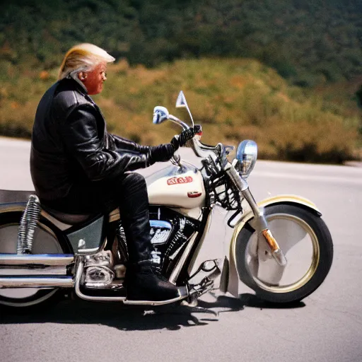 Prompt: Donald trump wearing a leather jacket, riding Harley motorcycle, cinestill, 800t, 35mm, full-HD