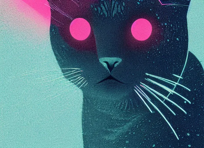 Prompt: portrait of a cat, colorful, modern art deco, mads berg, karolis strautniekas, christopher balaskas, stippled light, moody, fine texture, editorial illustration, dramatic lighting, dynamic composition, detailed, matte print, dynamic perspective, muted color, ( ( victo ngai ) ), wide angle, low fog