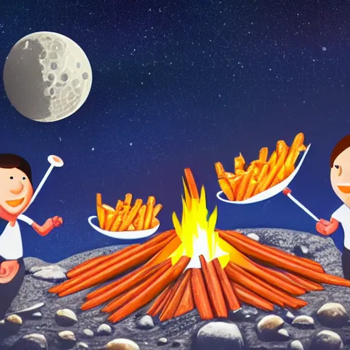 Image similar to photo of a family of fries making a campfire on the moon