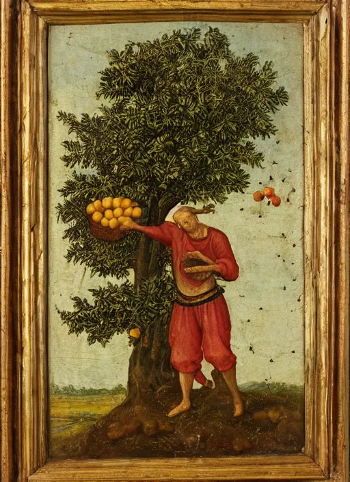 Prompt: a 1 6 th century oil painting of a medieval peasant picking fruit from a tree, holding a basket. high quality scan