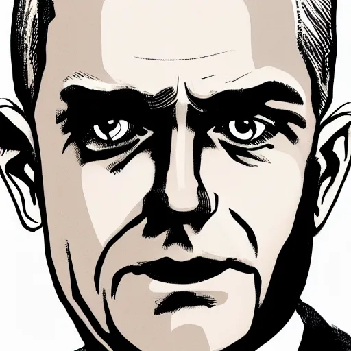 Image similar to graphic novel panel of secretary of veterans affairs denis mcdonough, glowing eyes, menacing, villain, clean lines, clean ink