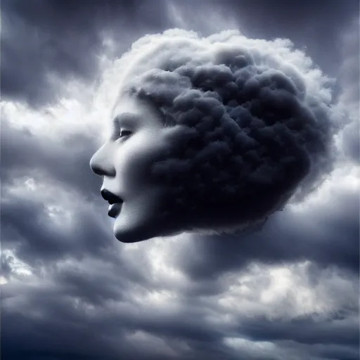 Image similar to the clouds in the sky take the shape of a woman face made of puffy clouds storm photoreal octane grey