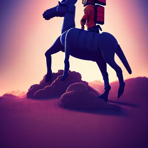 Prompt: photography of anthropomorphic horse riding on top of an astronaut back. from western by hiroyuki okiura and katsuhiro otomo and alejandro hodorovski style with many details by mike winkelmann and vincent di fate in sci - fi style. volumetric natural light photo on dsmc 3 system,