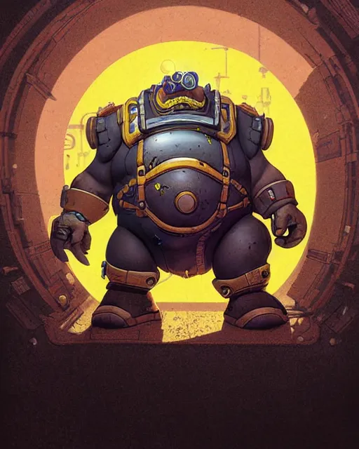 Image similar to roadhog from overwatch, character portrait, portrait, close up, concept art, intricate details, highly detailed, vintage sci - fi poster, retro future, in the style of chris foss, rodger dean, moebius, michael whelan, and gustave dore