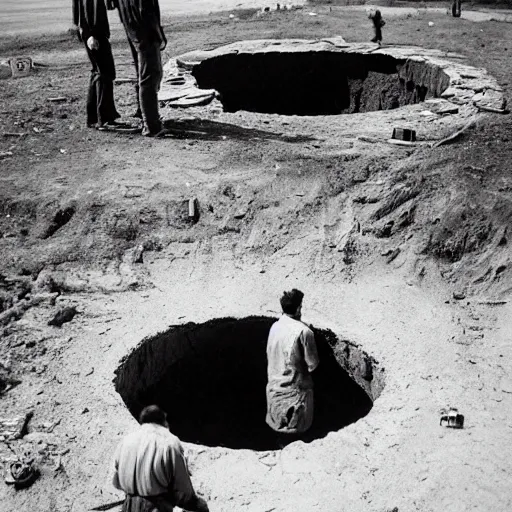 Prompt: old photo of 2 archeologists standing above a hole in the ground looking at an old crashed alien spaceship in the hole, realistic, historic, press photo, black and white