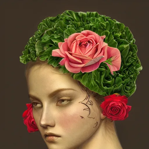 Prompt: the anatomy of a head of lettuce with roses that resemble a beautiful woman, an ultrafine detailed painting by james jean, intricate linework, bright colors, final fantasy, behance contest winner, vanitas, angular, altermodern, unreal engine 5 highly rendered, global illumination, radiant light, detailed and intricate environment