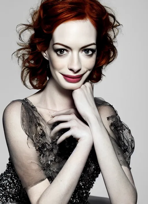 Prompt: portrait of beautiful christina hendricks and anne hathaway hybrid by mario testino, headshot, detailed, award winning, sony a 7 r