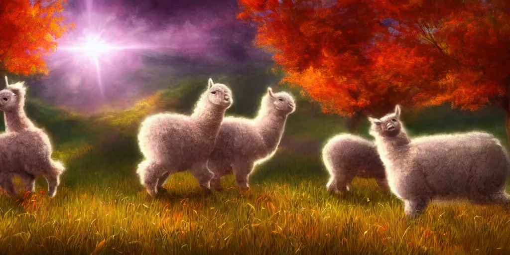 Image similar to magical fairy alpacas frolicking in a field, autumn, illustration, light beams, digital art, oil painting, fantasy, 8 k, trending on artstation, detailed