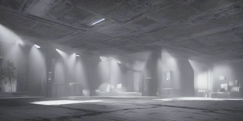 Prompt: a long angle shot of a big dark room with white lights on the celling, highly detailed, unreal engine, 4 k, dark, moody, game render, hyper realistic