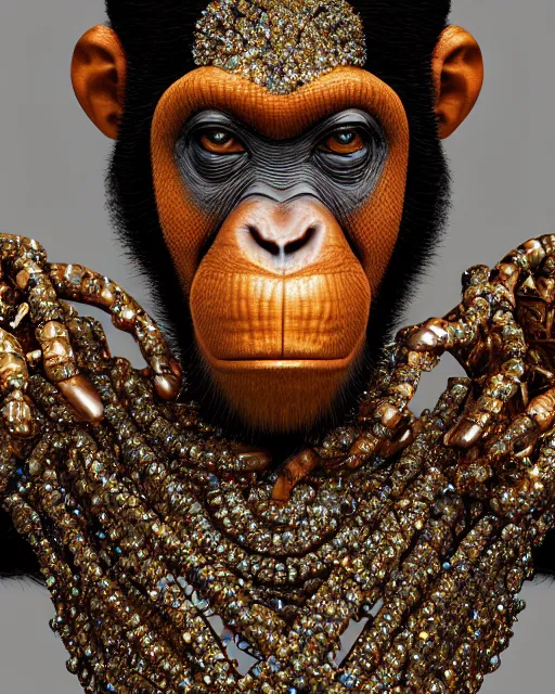 Prompt: a highly detailed metahuman 8 k close up render of a chimp renaissance in iris van herpen dress schiaparelli in diamonds crystals swarovski and jewelry iridescent in style of alphonse mucha gustav klimt trending on artstation made in unreal engine 4