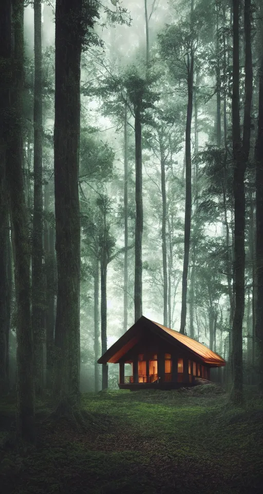 Image similar to an exquisitely designed wooden house in a lush forest, architectural photography, dark and dim lighting, beautiful, tranquil, moody, cinematic, fantasy, 3 5 mm lens, volumetric lighting, first person view, photographic render, hyper realistic