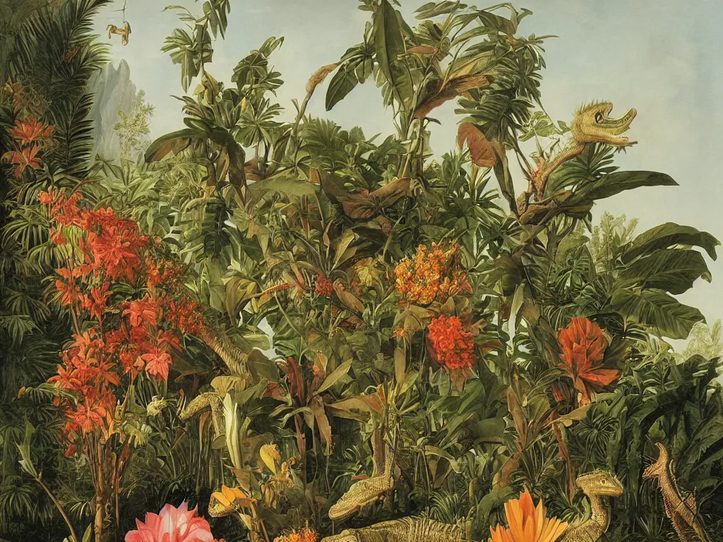 Prompt: tyrannosaurus rex, tropical plants in background, botanical, large exotic flowers, biology, painted by john audubon