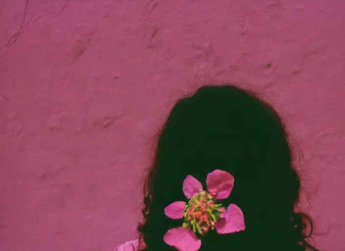 Prompt: color film photography, long shot of the back of a woman\'s head with interwoven flowers in center against a pink wall, daylight, 35mm