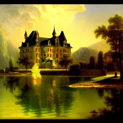 Prompt: beautiful illustration of chateau in a serene landscape, by albert bierstadt, magic realism, narrative realism, beautiful matte painting, heavenly lighting, retrowave, 4 k hd wallpaper