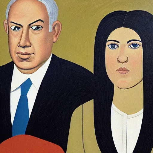 Prompt: A portrait of Benjamin Netanyahu and Sara Netanyahu by Grant Wood