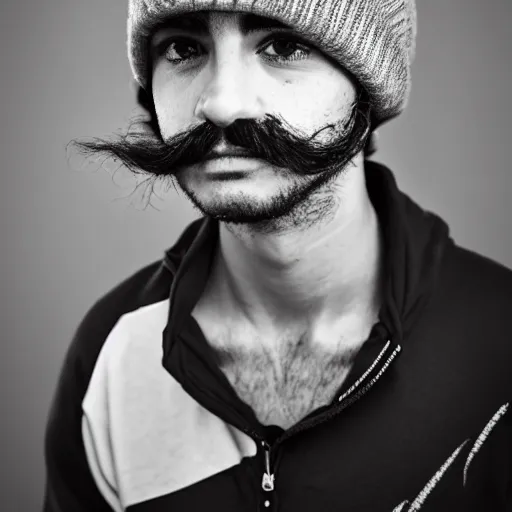 Image similar to a portrait of a 19 year old italian man. he has a mustache, and a beanie on.