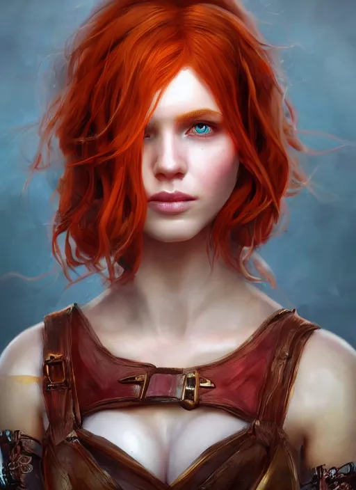 Image similar to Beautiful redhead girl which chest wrapped in bandages, portrait, fantasy, medieval, vivid colors, fantasy, elegant, concept art, sharp focus, beautiful face, digital art, Hyper-realistic, 4K, Unreal Engine, Highly Detailed, HD, Dramatic Lighting by Brom, trending on Artstation