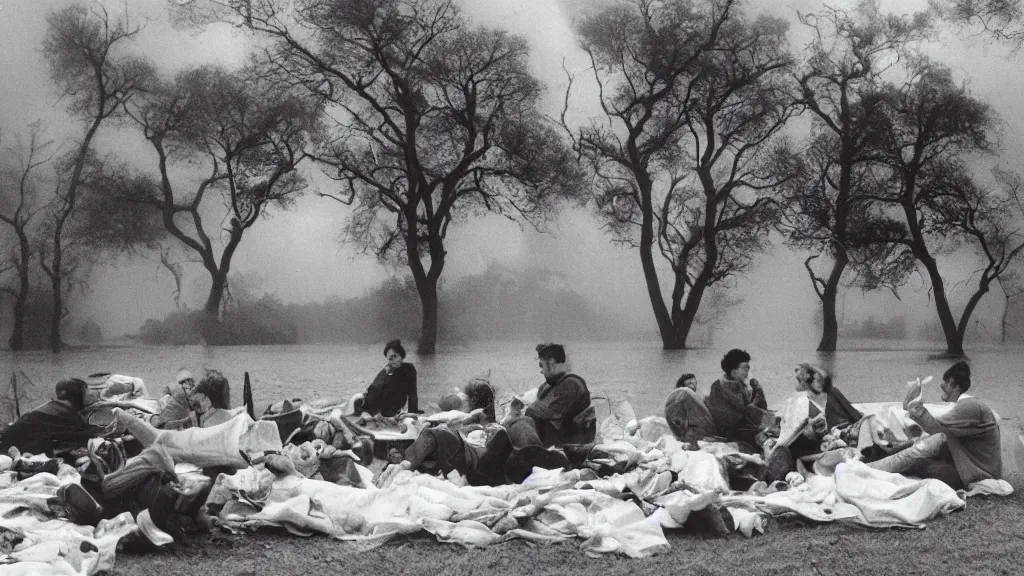 Prompt: a vision of climate change catastrophe, lightning, tornado, hurricane, hailstorm, gale-force winds, floods, as seen by a couple having picnic in a park, moody and dark large-format photography