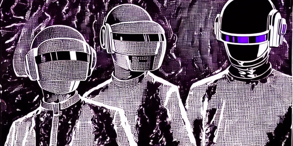 Image similar to intricate detailed artwork of Daft Punk using dj controller at an underground warehouse rave in Ibiza playing techno house music, thousands beautiful gorgeous girls dancing in bikini, in the style of Moebius, wires, speakers, black and white ink, some ink drips