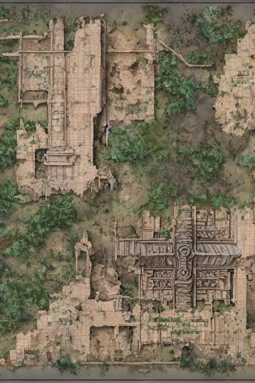 Image similar to full - color fantasy floor plan map of a ruined temple, 8 k, sharp details, highly detailed, bold edges, by greg rutkowski and james gurney, trending on artstation