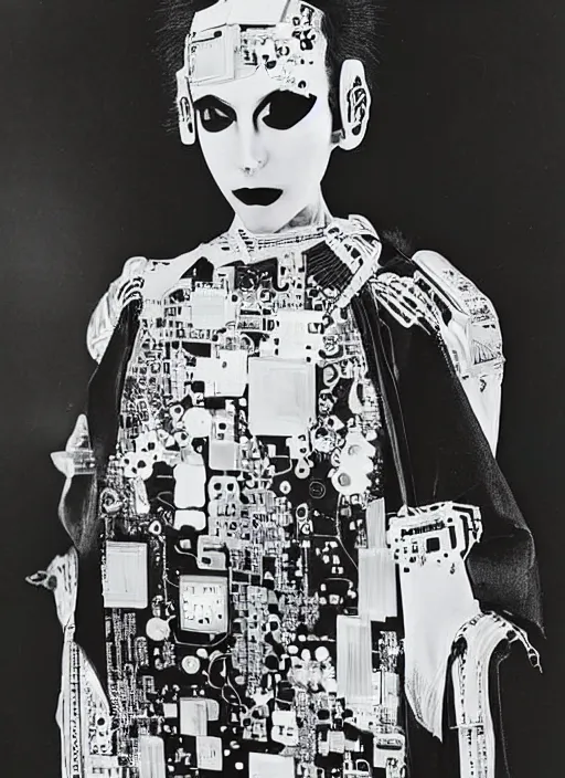 Image similar to Portrait of a punk goth fashion fractal cosmonaut girl wearing kimono made of circuits and leds, surreal photography by Man Ray