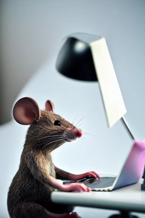Prompt: real anthropomorphic mouse that looks like a human, business attire, sitting at a desk with a laptop, realistic, colored studio lighting, professional photography, nikon 5 0 mm f / 1. 8 g, canon