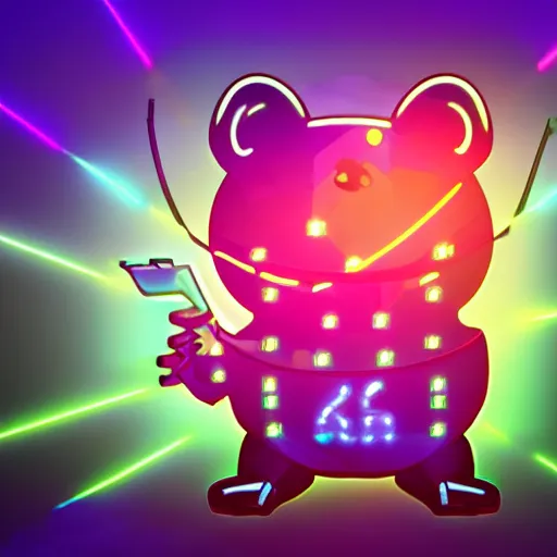 Image similar to cyberpunk hamster! holding rainbow! gem! crystal, neon lights, light reflection, logo, 8 k, hd