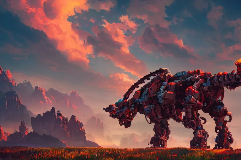 Image similar to behemoth machine mecanical creature robot of horizon forbidden west horizon zero dawn radiating a glowing aura global illumination ray tracing hdr fanart arstation by ian pesty and alena aenami artworks in 4 k