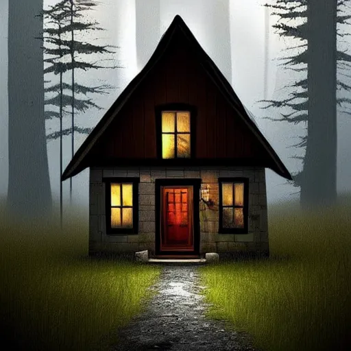 Prompt: a cottage in the woods with a notepad for front door, trending on artstation, detailed digital art, eerie thriller aesthetic!!!!,