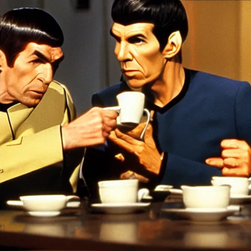 Prompt: photo of mr spock drinking coffee with a klingon, cinematic, movie still