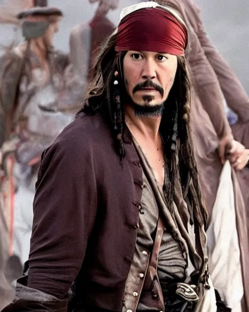 Image similar to Keanu reeves in a role of Captain Jack Sparrow