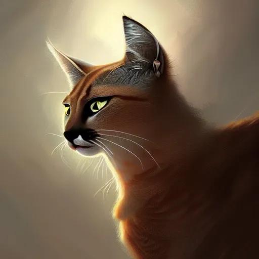 Prompt: cat caracal, concept art, wlop, digital painting, trending on artstation, highly detailed, epic composition, official media