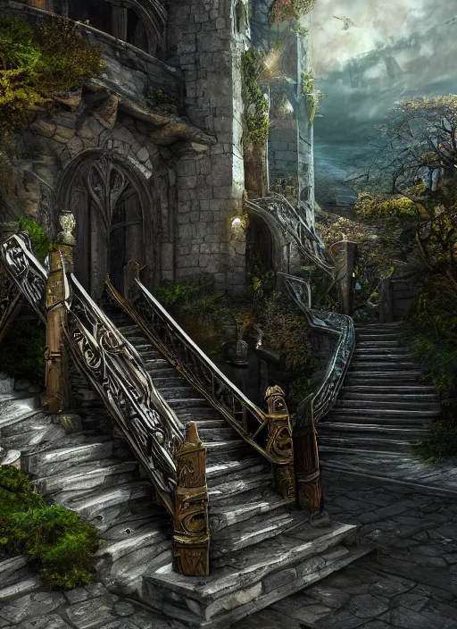 Image similar to castle stairs, ultra detailed fantasy, elden ring, realistic, dnd, rpg, lotr game design fanart by concept art, behance hd, artstation, deviantart, global illumination radiating a glowing aura global illumination ray tracing hdr render in unreal engine 5