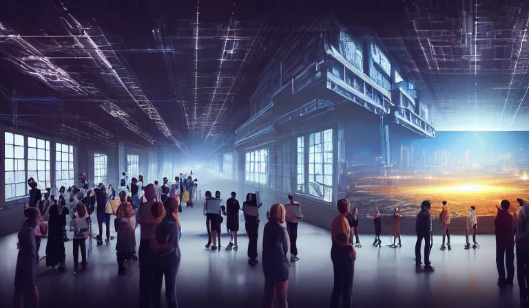 Prompt: crowd of people in blank walled warehouse, looking at hologram of futuristic city on a table, cinematic concept art, godrays, golden hour, natural sunlight, 4 k, clear details, tabletop model buildings, center model buildings, hologram center, crane shot, crane shot, crane shot