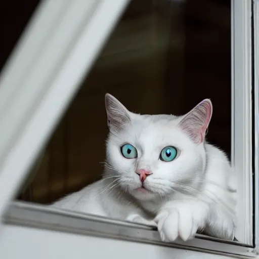 Image similar to A beautiful photo of a white cat looking out of the window at night,It has blue eyes , Photography , Long-range shots