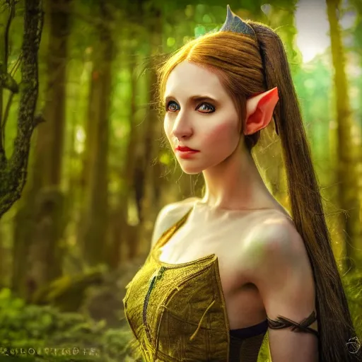 Image similar to portrait of a female elf,fantasy, D&D, HDR, natural light, medium close shot, dynamic pose, award winning photograph, Mucha style