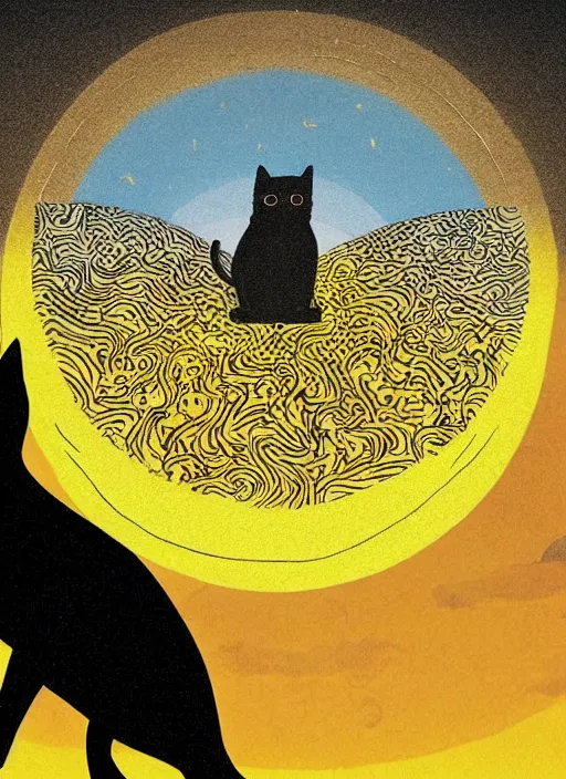 Image similar to a black cat standing on top of a yellow sun, a storybook illustration by sara saftleven, behance contest winner, nuclear art, sunrays shine upon it, god rays, digital illustration