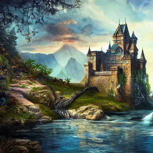 Image similar to castle, celestia, eden, river, fantasy artwork, award winning, very very very very very very very beautiful scenery, artstation