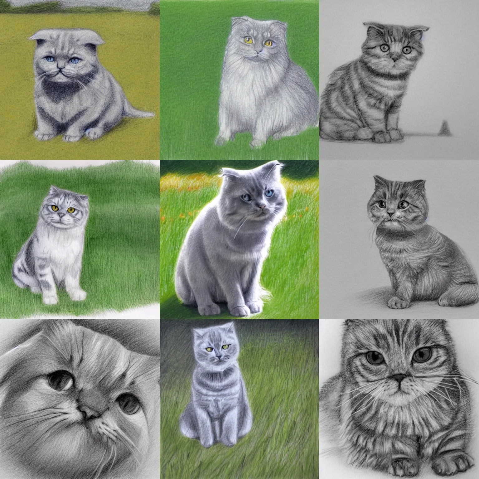 Prompt: a gray scottish fold sitting in the middle of sunny meadow, pencil sketch