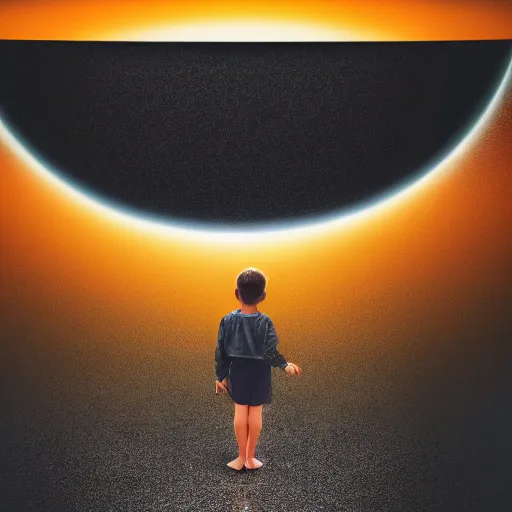 Prompt: a tiny person standing on a black surface looking at a huge eye at the horizon