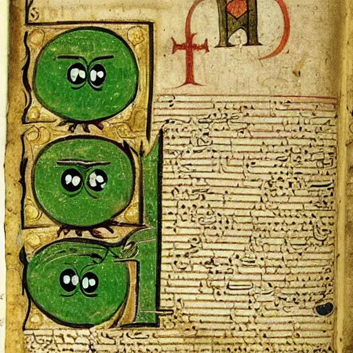 Prompt: page from a 1 4 th century monk's manuscript illustrating the holy scripts of!! pepe the frog!!