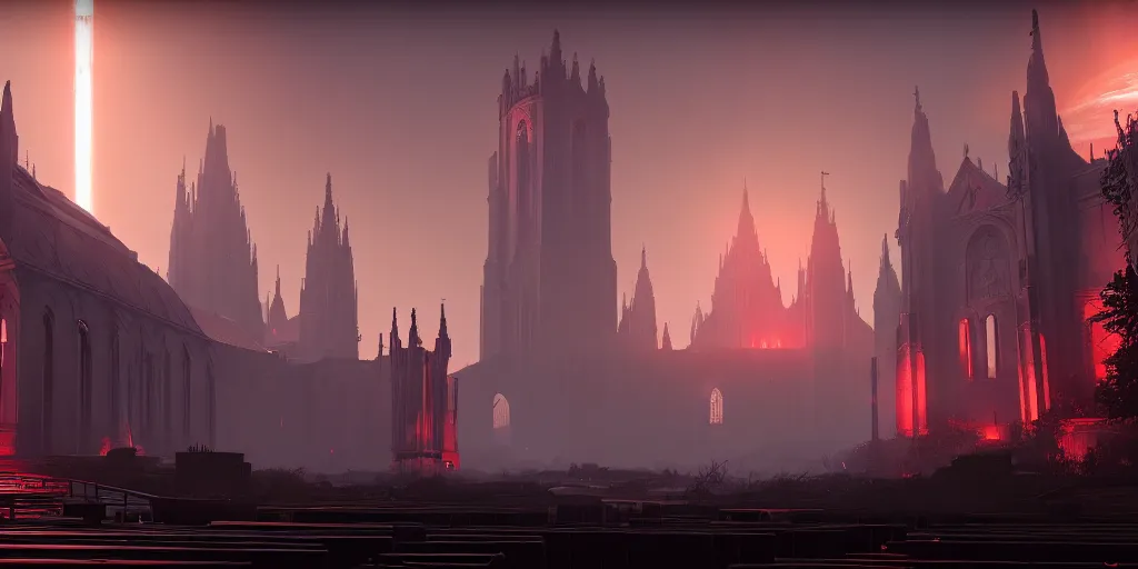 Image similar to symmetrical, centered composition, ancient church with red shafts of light in destiny 2, foggy, liminal, dark, dystopian, beautiful architecture, abandoned, highly detailed 4 k destiny 2 expansion key art wallpaper