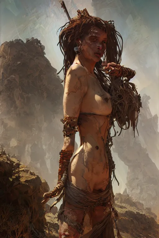 Image similar to a full body portrait of a beautiful post apocalyptic offworld treatment district bedouin blind pulp fiction scarlet wild rogue barbarian leper begging by the roadside, intricate, elegant, highly detailed, digital painting, artstation, concept art, smooth, sharp focus, illustration, art by krenz cushart and artem demura and alphonse mucha